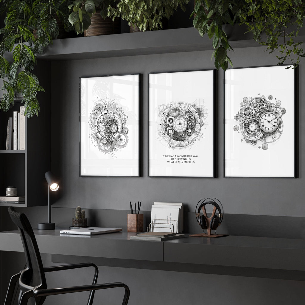 Male Office Decor | Set of 3 Abstract Clocks Wall art Prints