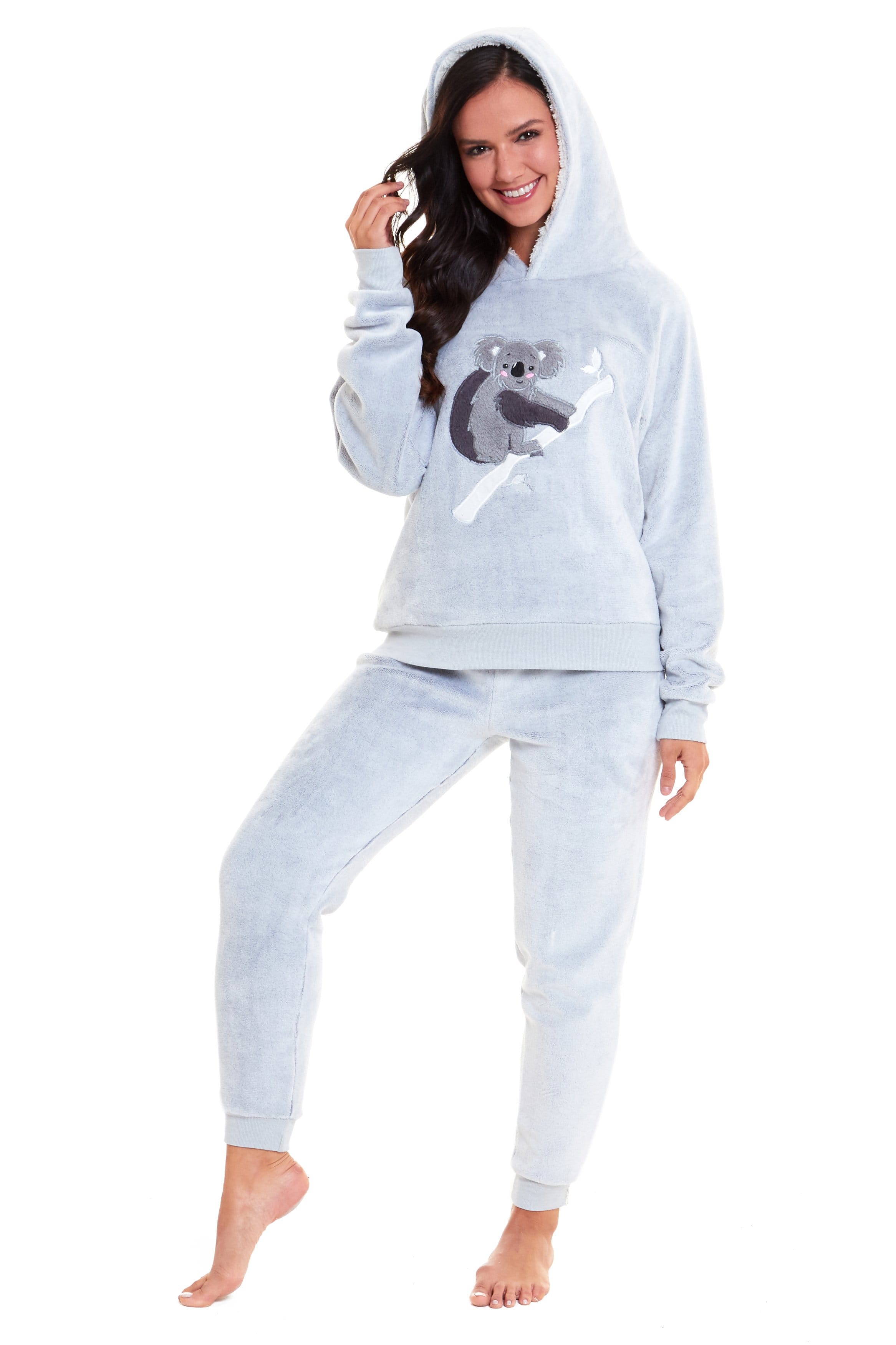 OLIVIA ROCCO Matching Mother Daughter Koala Bear Hooded Pyjama Set Plush Fleece Flannel Loungewear For Women And Girls Cozy Family Nightwear
