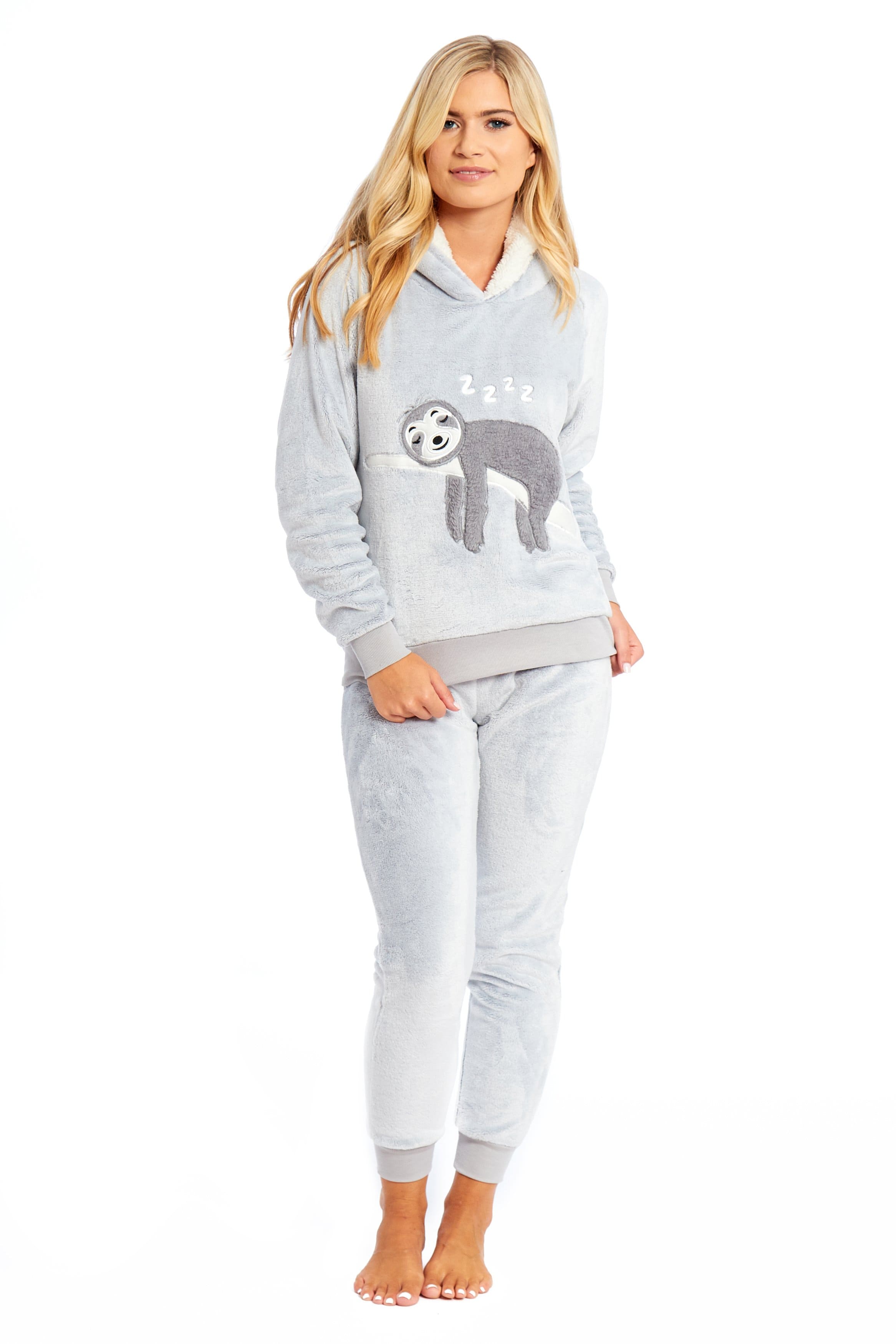 OLIVIA ROCCO Matching Mother Daughter Plush Fleece Hooded Pajama Set Embroidered Sloth Design Ultra Soft Sherpa Lined Nightwear For Girls And Women