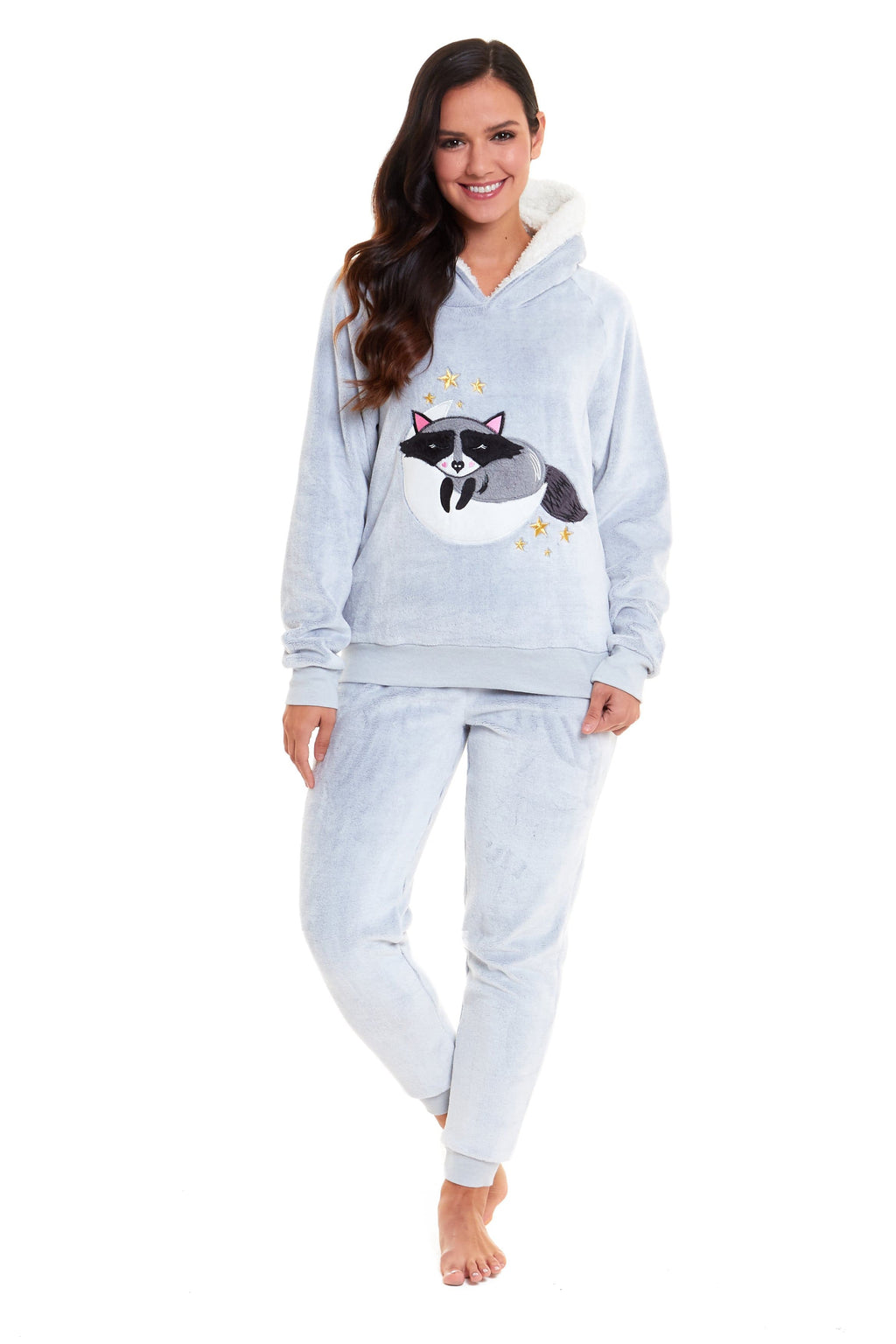 OLIVIA ROCCO Matching Mother Daughter Raccoon Fleece Hooded Pyjama Set With Sherpa Lining And Embroidered Design For Family Bonding