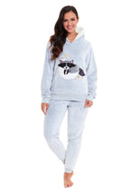 OLIVIA ROCCO Matching Mother Daughter Raccoon Fleece Hooded Pyjama Set With Sherpa Lining And Embroidered Design For Family Bonding