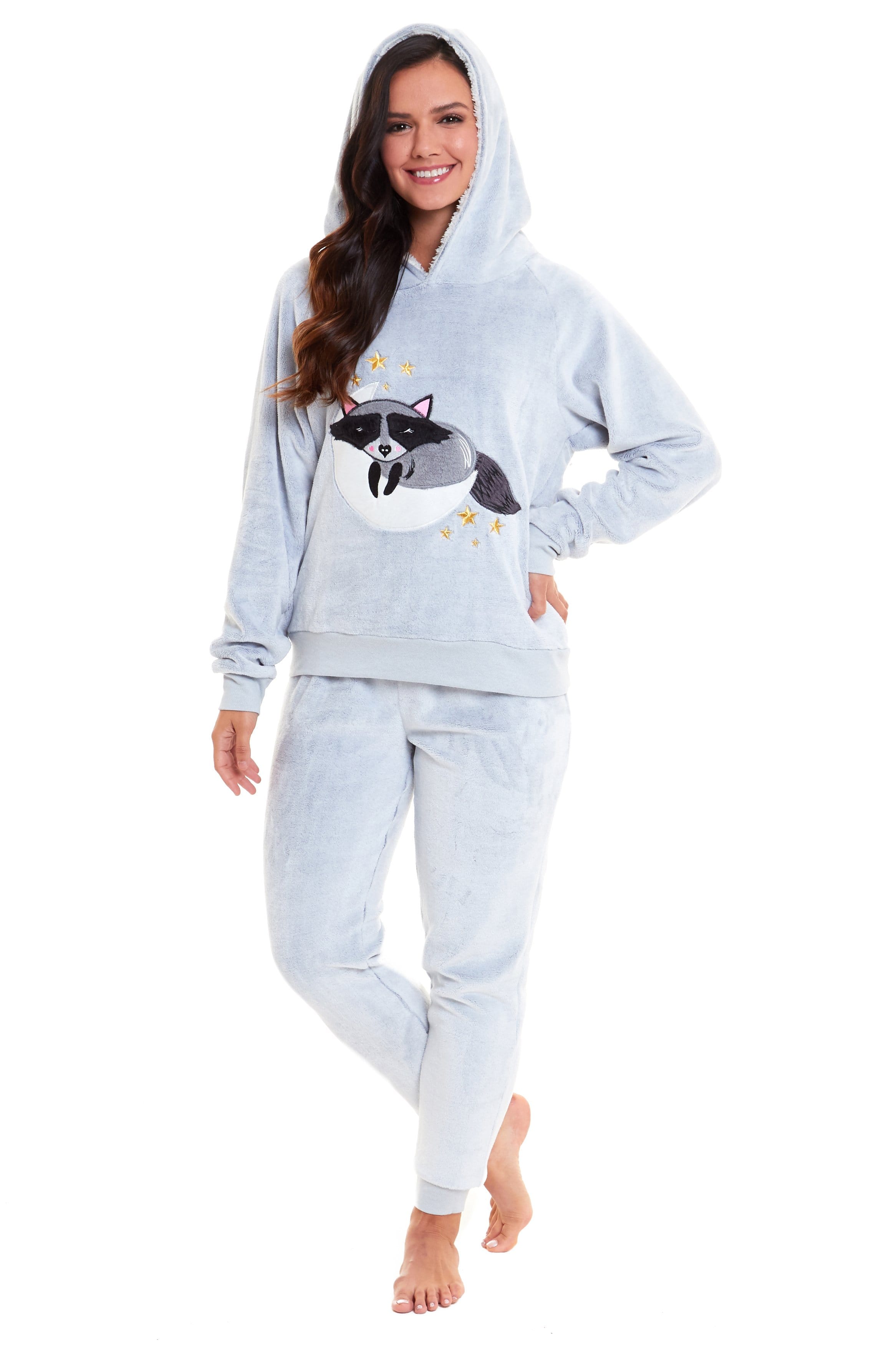 OLIVIA ROCCO Matching Mother Daughter Raccoon Fleece Hooded Pyjama Set With Sherpa Lining And Embroidered Design For Family Bonding