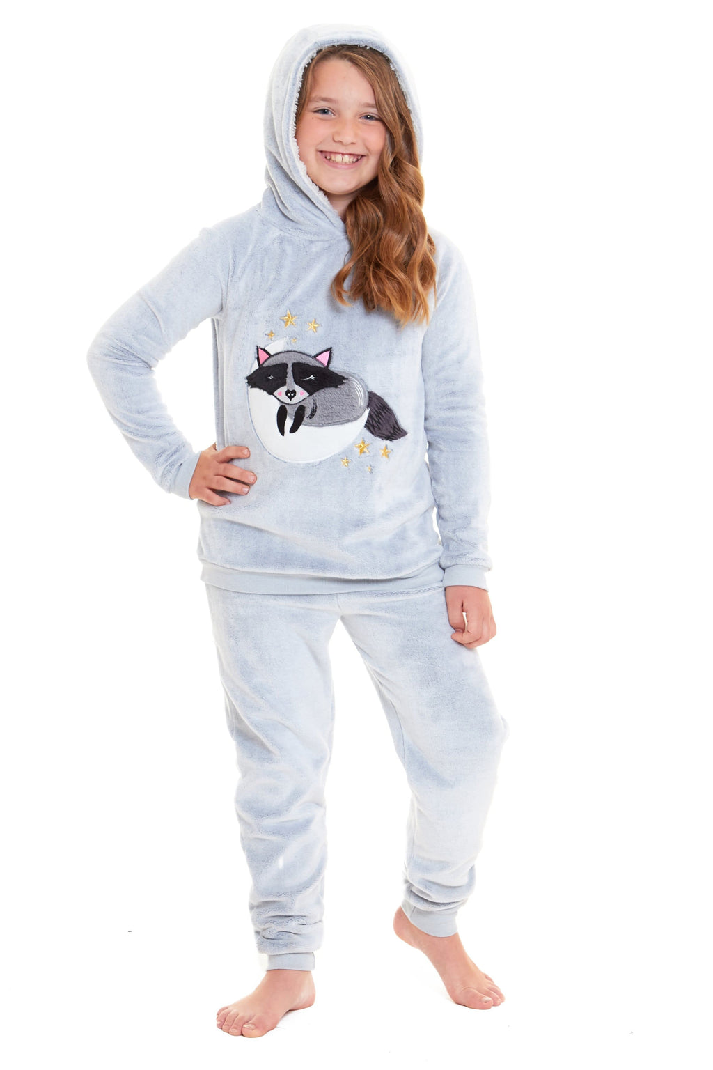 OLIVIA ROCCO Matching Mother Daughter Raccoon Fleece Hooded Pyjama Set With Sherpa Lining And Embroidered Design For Family Bonding