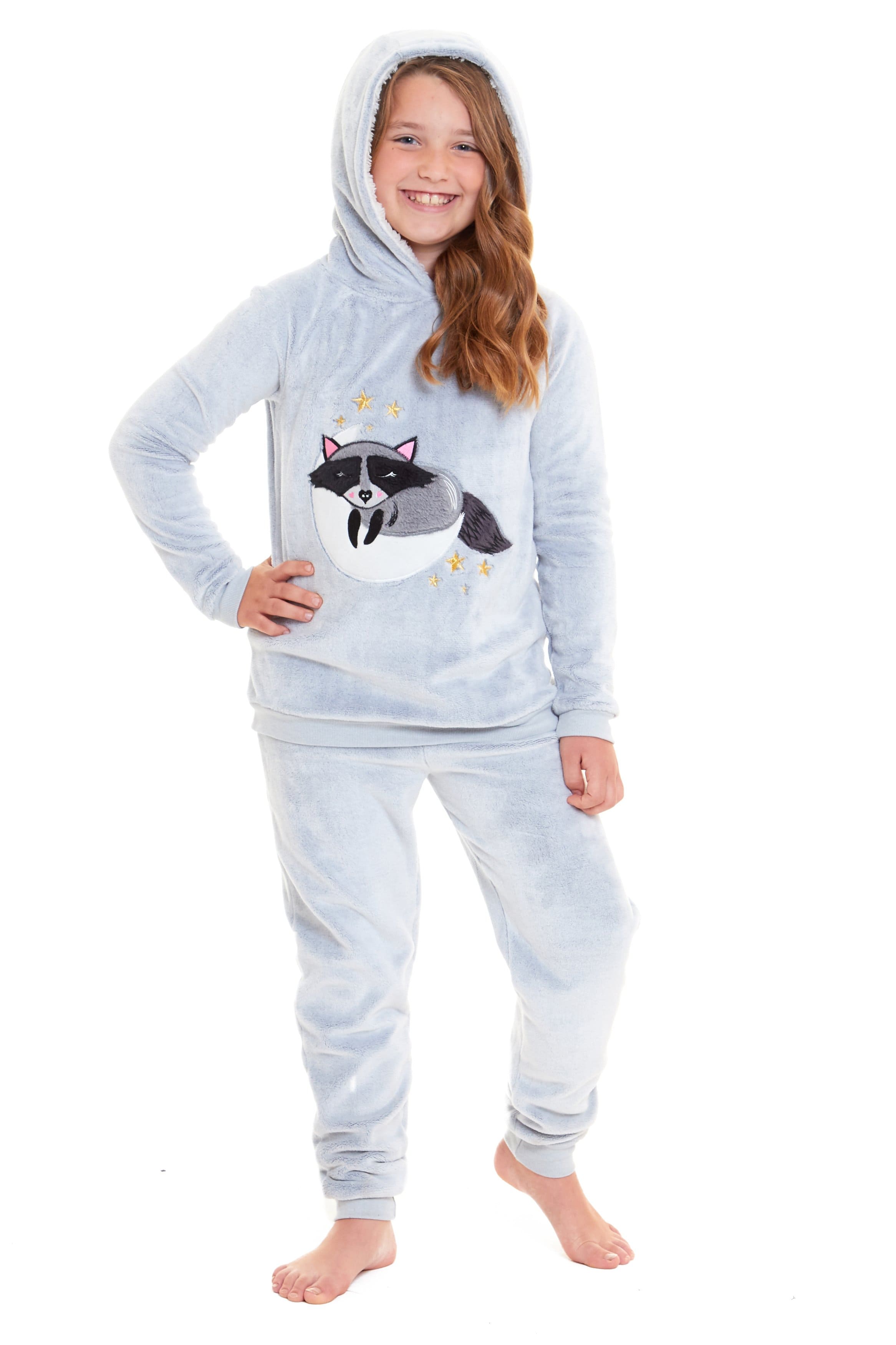 OLIVIA ROCCO Matching Mother Daughter Raccoon Fleece Hooded Pyjama Set With Sherpa Lining And Embroidered Design For Family Bonding