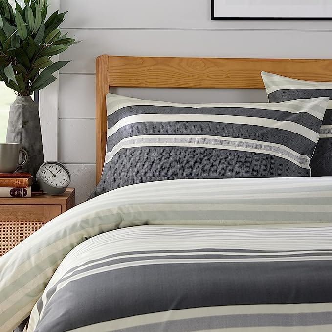 OLIVIA ROCCO Duvet Cover Set Miami Stripes Reversible Hypoallergenic Cotton Blend Grey And Natural Green Multiple Sizes
