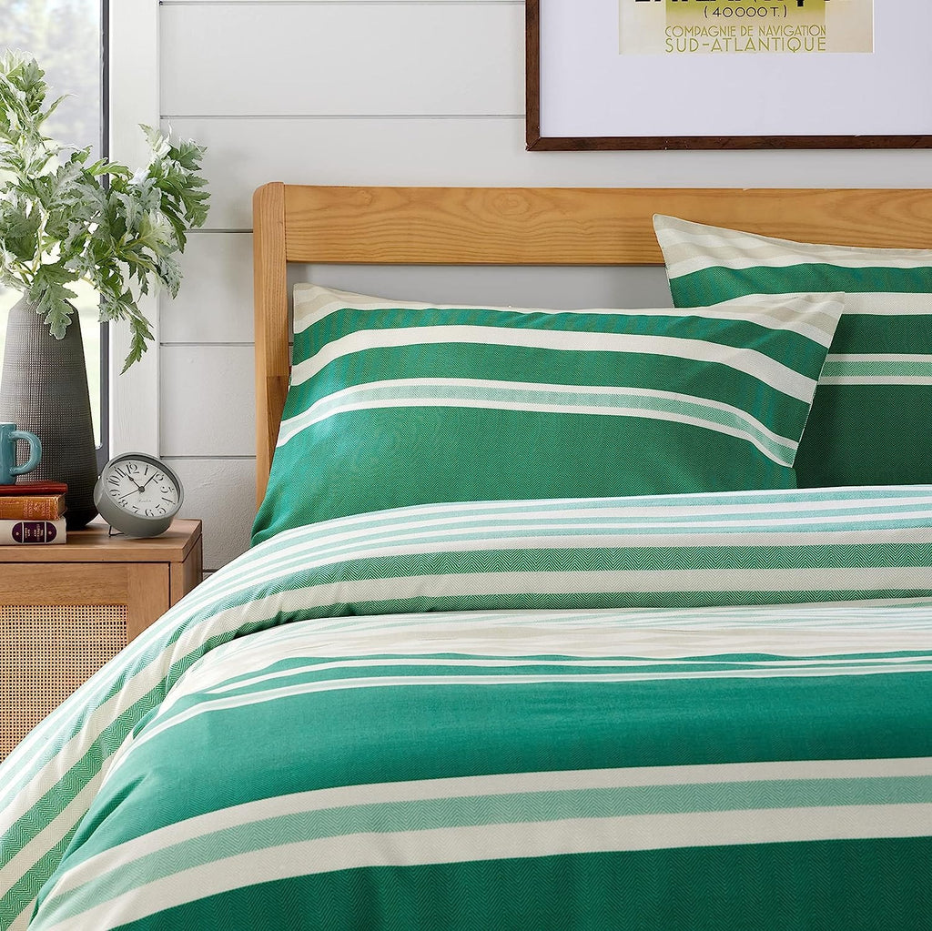 OLIVIA ROCCO Duvet Cover Set Miami Stripes Reversible Hypoallergenic Cotton Blend Grey And Natural Green Multiple Sizes