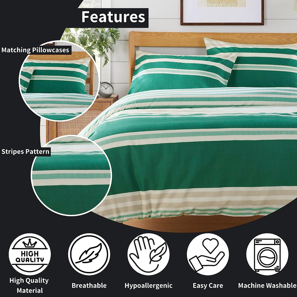 OLIVIA ROCCO Duvet Cover Set Miami Stripes Reversible Hypoallergenic Cotton Blend Grey And Natural Green Multiple Sizes