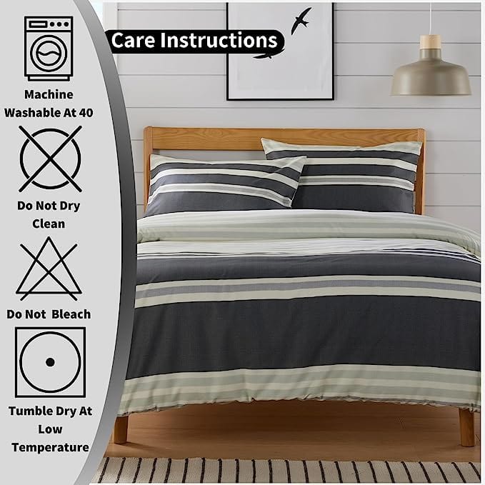 OLIVIA ROCCO Duvet Cover Set Miami Stripes Reversible Hypoallergenic Cotton Blend Grey And Natural Green Multiple Sizes