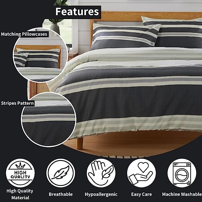 OLIVIA ROCCO Duvet Cover Set Miami Stripes Reversible Hypoallergenic Cotton Blend Grey And Natural Green Multiple Sizes