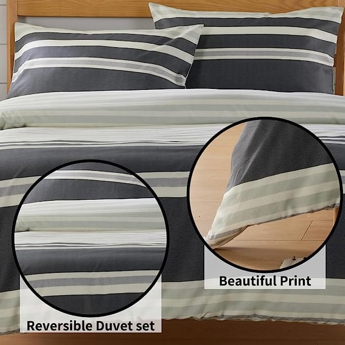 OLIVIA ROCCO Duvet Cover Set Miami Stripes Reversible Hypoallergenic Cotton Blend Grey And Natural Green Multiple Sizes