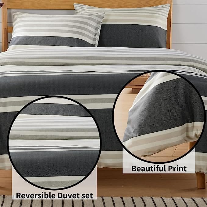 OLIVIA ROCCO Duvet Cover Set Miami Stripes Reversible Hypoallergenic Cotton Blend Grey And Natural Green Multiple Sizes