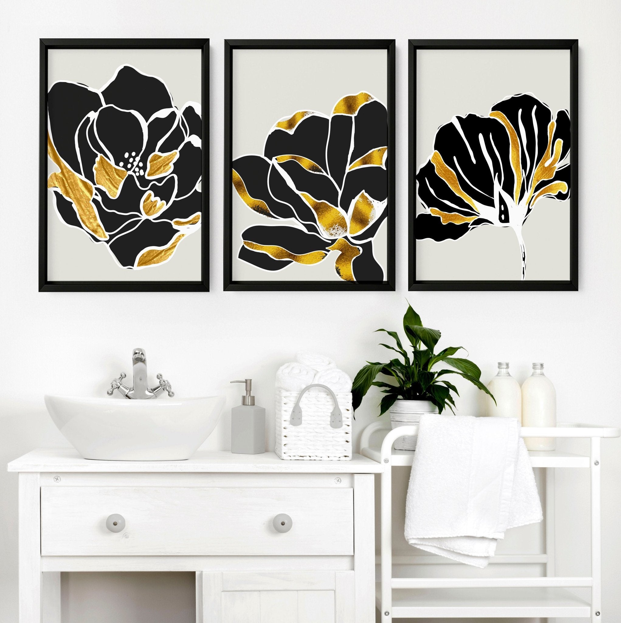 Bathroom decor gold | set of 3 framed wall art