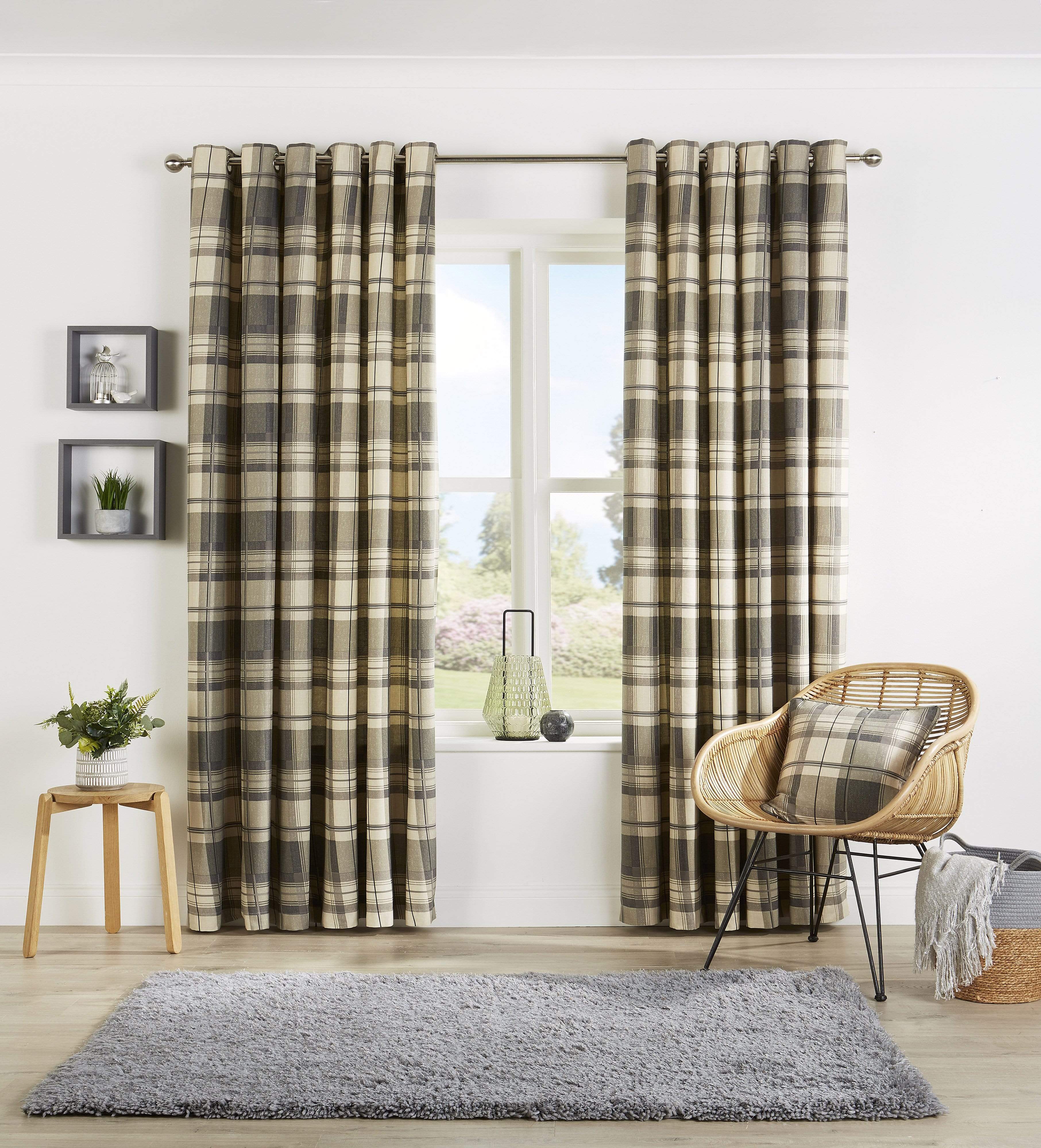 OLIVIA ROCCO Check Pattern Curtains With Matching Cushion Covers Premium Cotton Mix