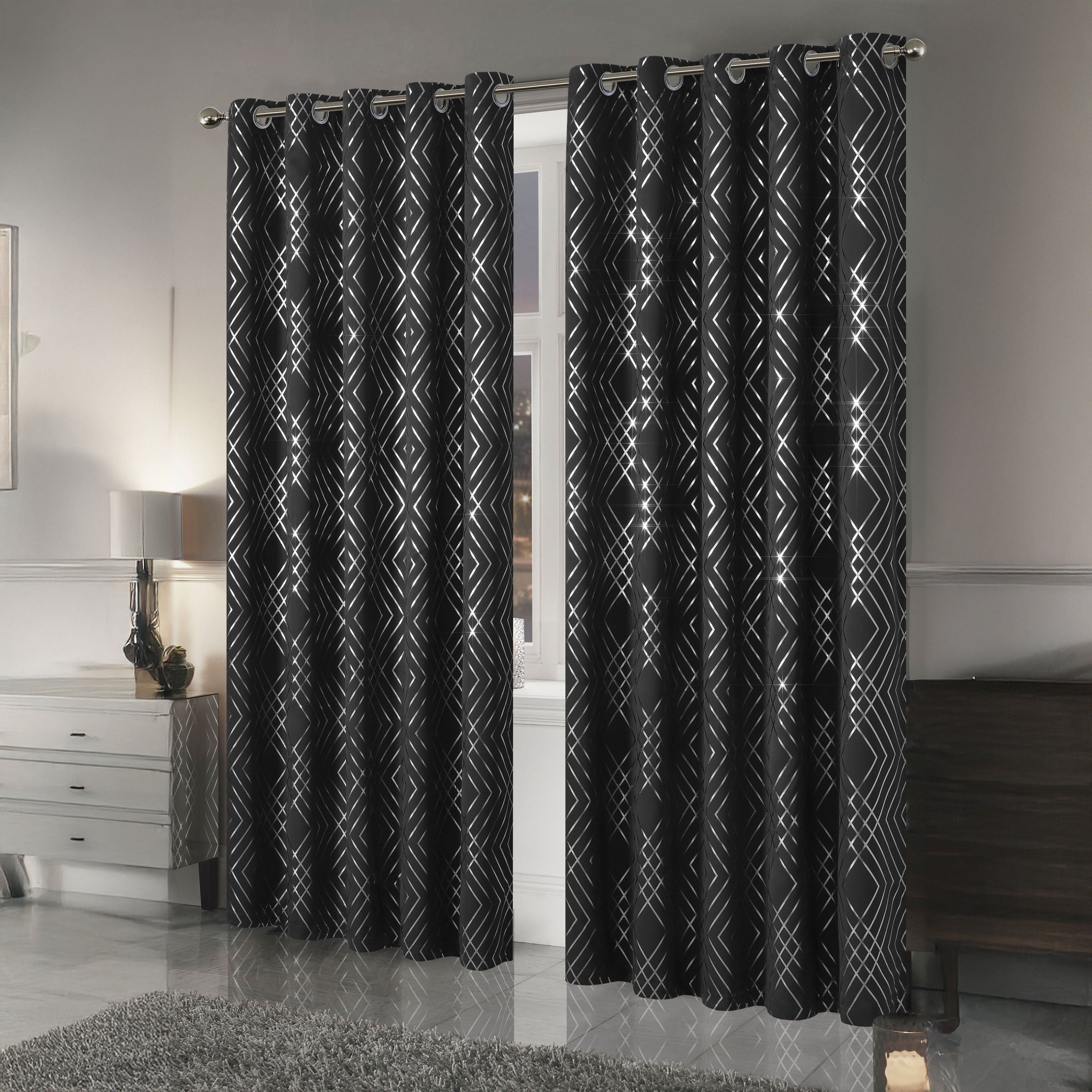 OLIVIA ROCCO Geometric Sparkle Blackout Curtains Black Thermal Insulated Eyelet Ring Top