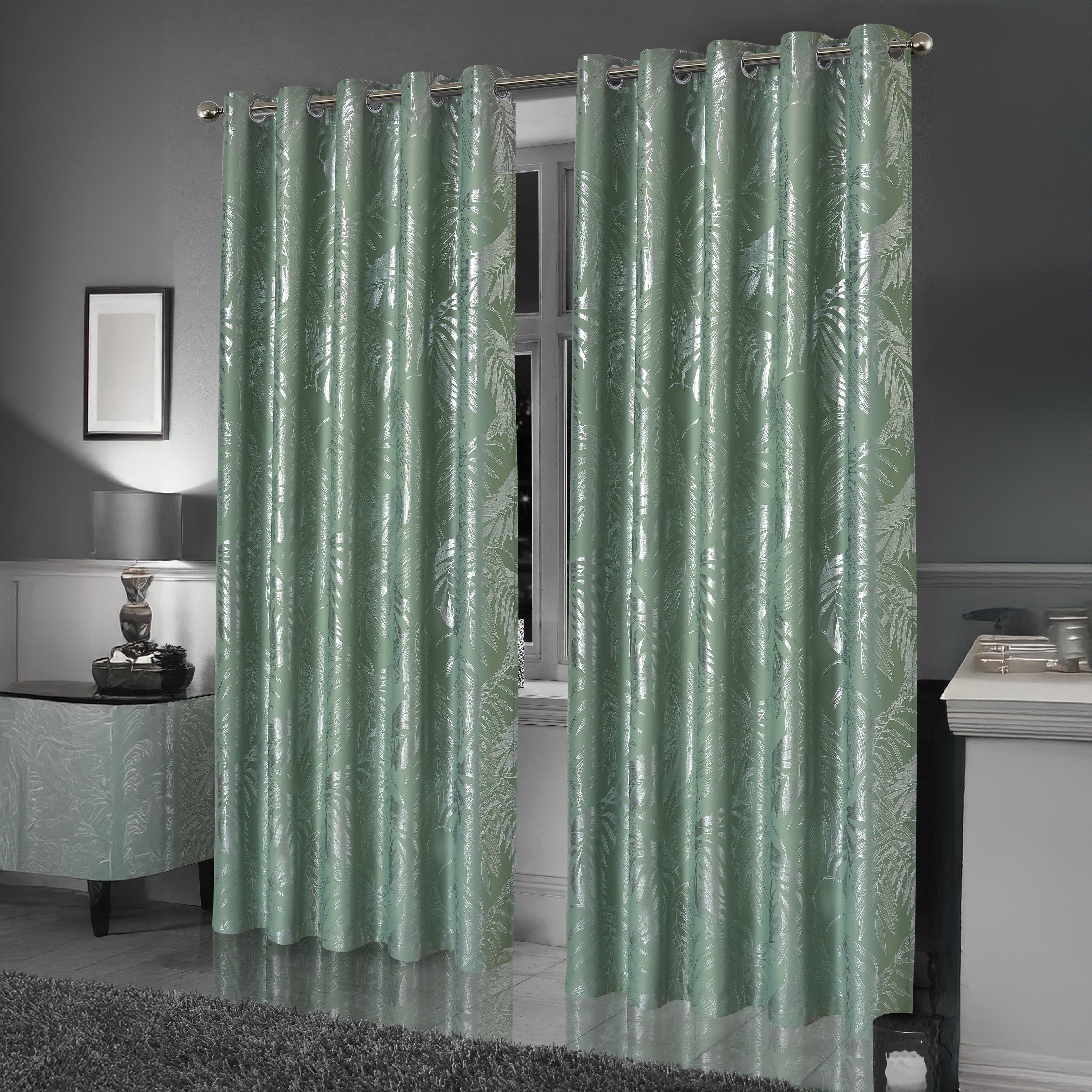 OLIVIA ROCCO Leaf Sage Green Sparkle Blackout Curtains With Thermal Insulation Eyelet