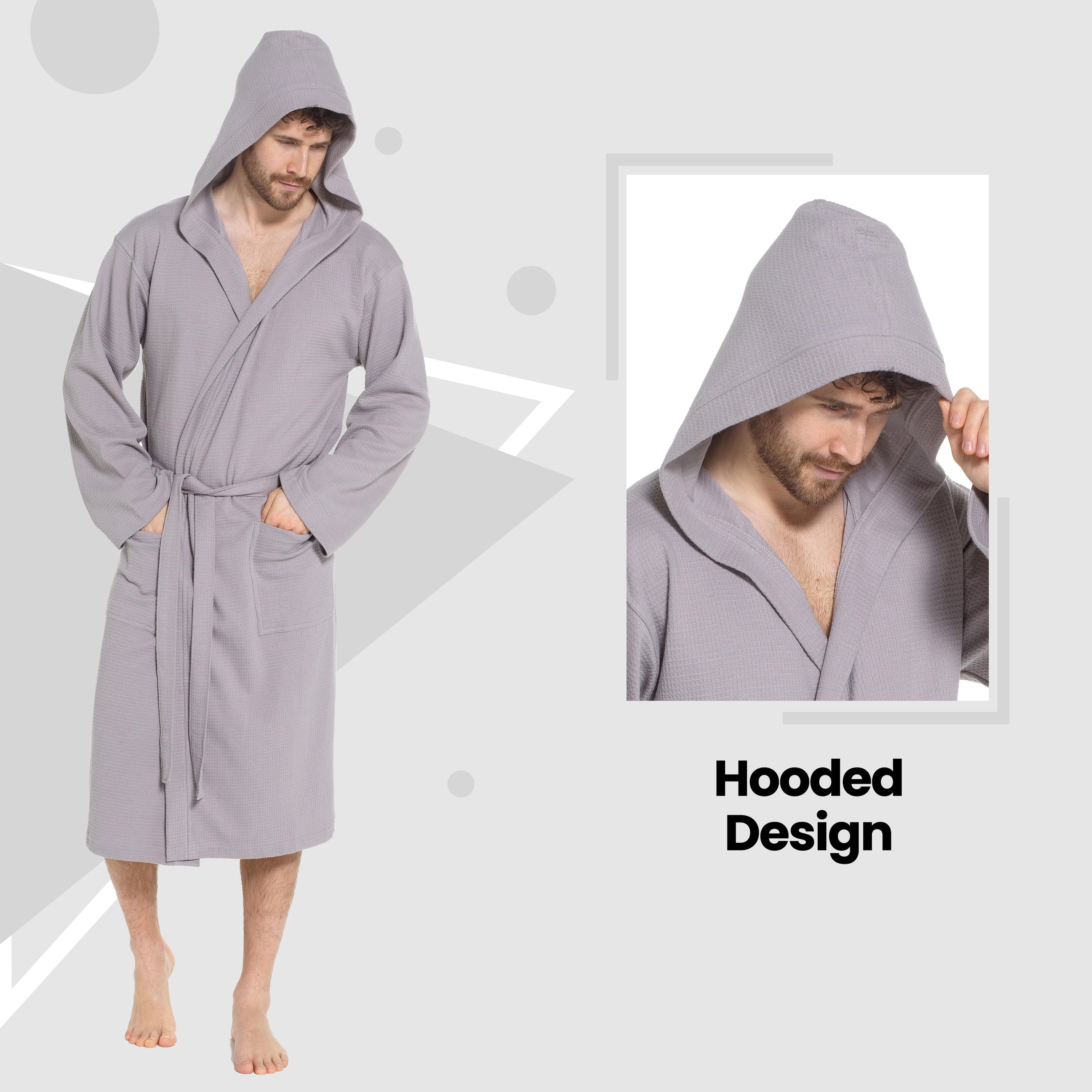 OLIVIA ROCCO Men's Hooded Waffle Cotton Bathrobe Grey 100% Cotton Super Absorbent Spa