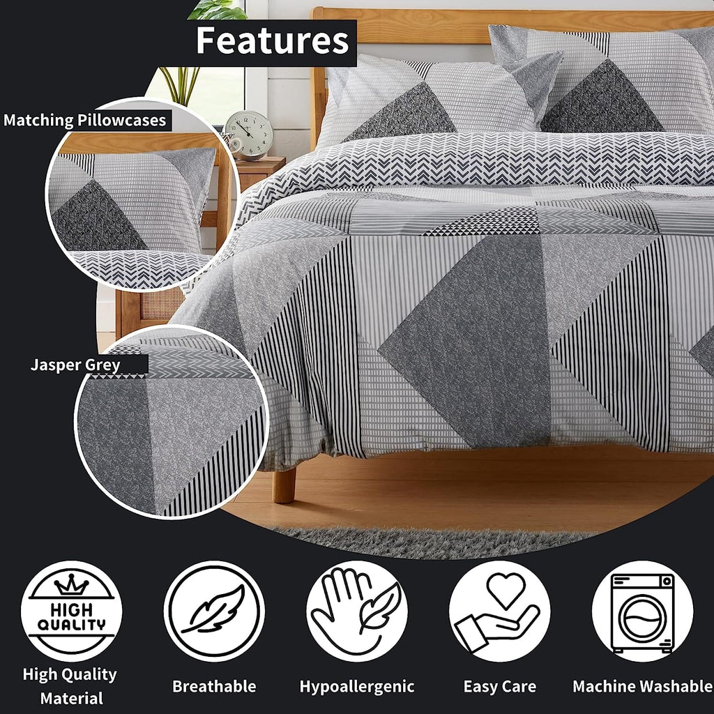 OLIVIA ROCCO Jasper Grey Printed Reversible Quilted Duvet Cover Set With Button Closure