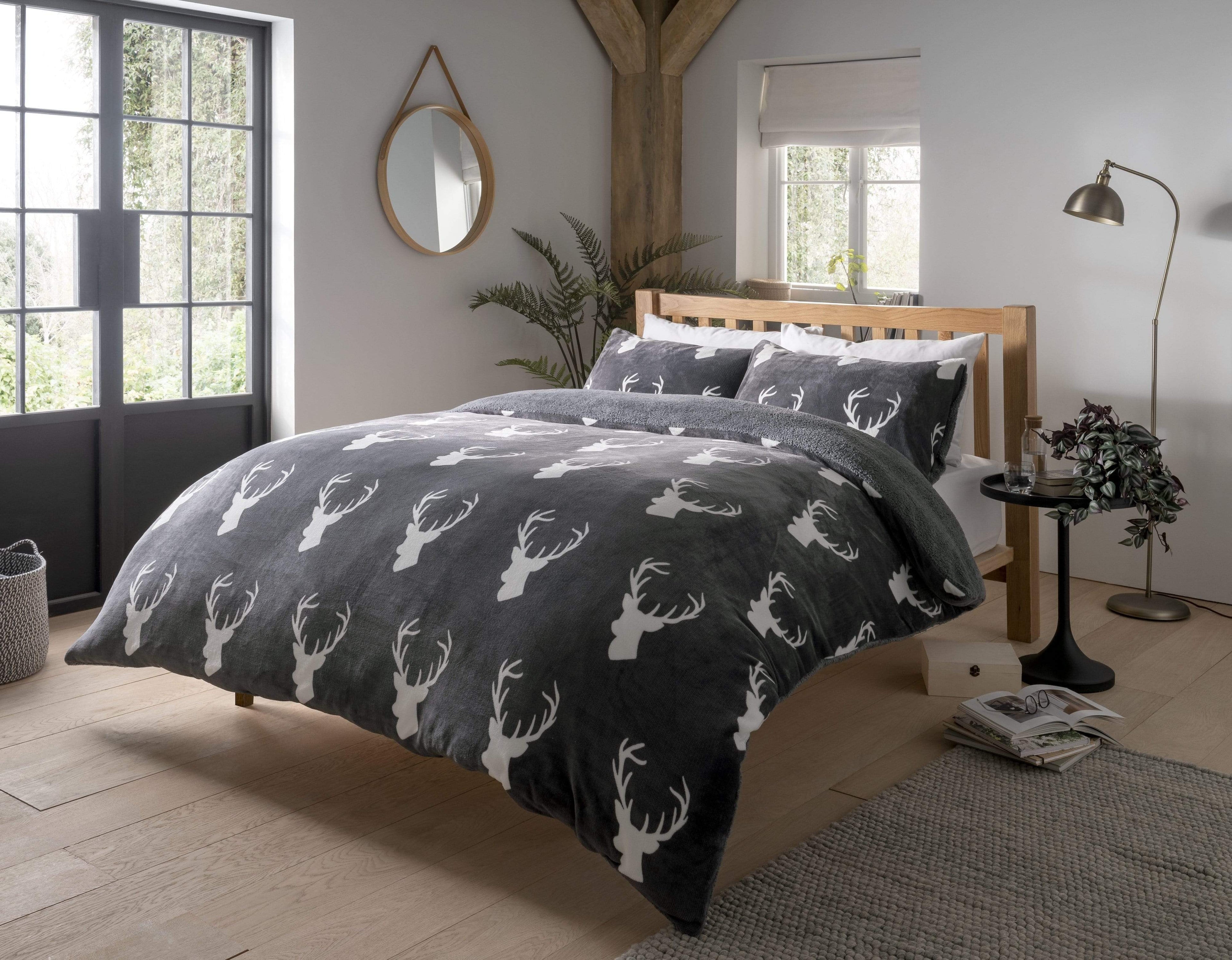 OLIVIA ROCCO Stag Teddy Reversible Duvet Set Charcoal Grey Faux Fur Ultra Soft OEKO-TEX