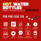 OLIVIA ROCCO Hot Water Bottle 2L With Faux Fur Pom Pom Cover Soft Plush Natural Rubber UK