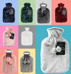 OLIVIA ROCCO Hot Water Bottle 2L With Faux Fur Pom Pom Cover Soft Plush Natural Rubber UK