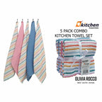 OLIVIA ROCCO 5 Pack Cotton Kitchen Tea Towels Striped Ribbed Waffle 45cm x 65cm Quick Dry