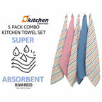 OLIVIA ROCCO 5 Pack Cotton Kitchen Tea Towels Striped Ribbed Waffle 45cm x 65cm Quick Dry