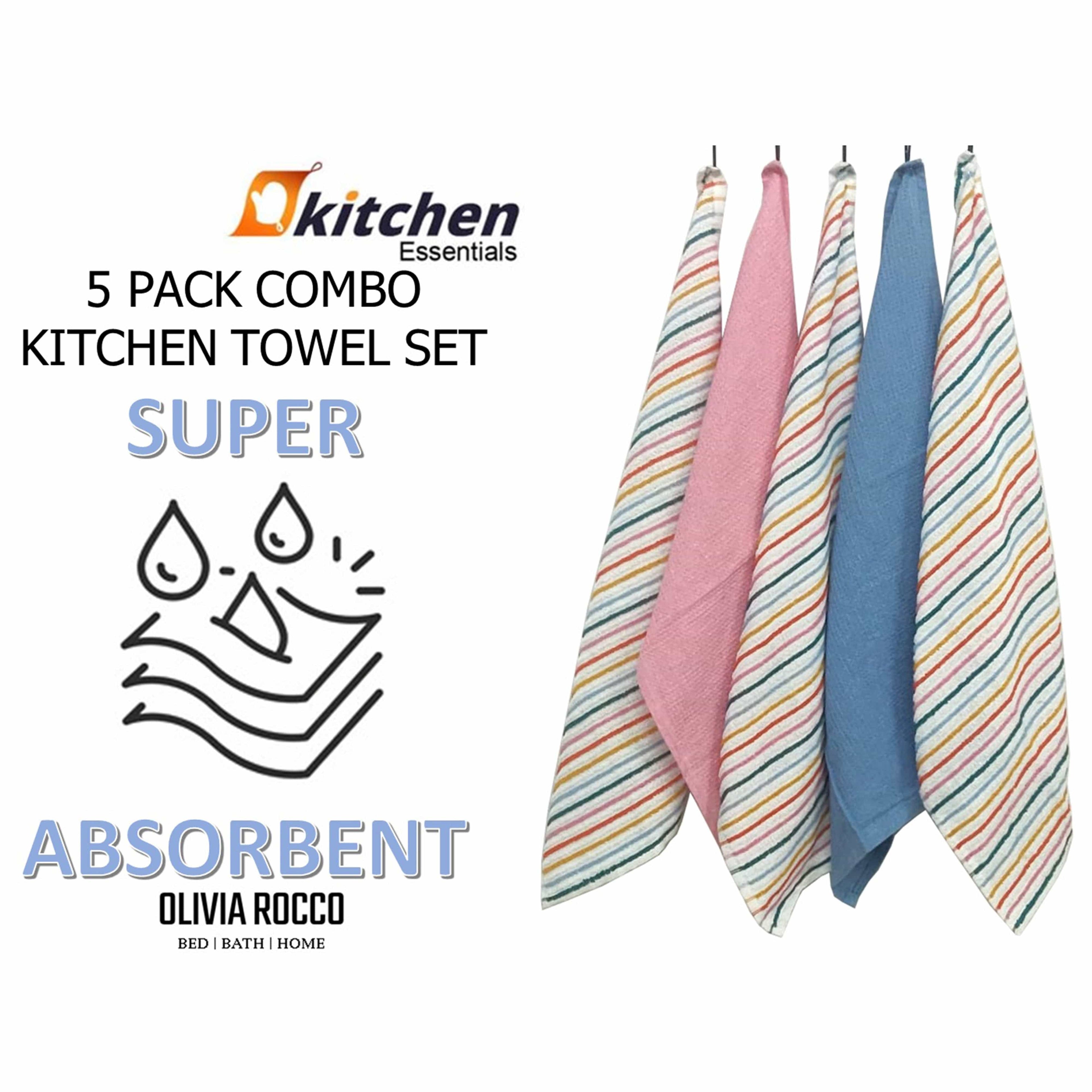 OLIVIA ROCCO 5 Pack Cotton Kitchen Tea Towels Striped Ribbed Waffle 45cm x 65cm Quick Dry