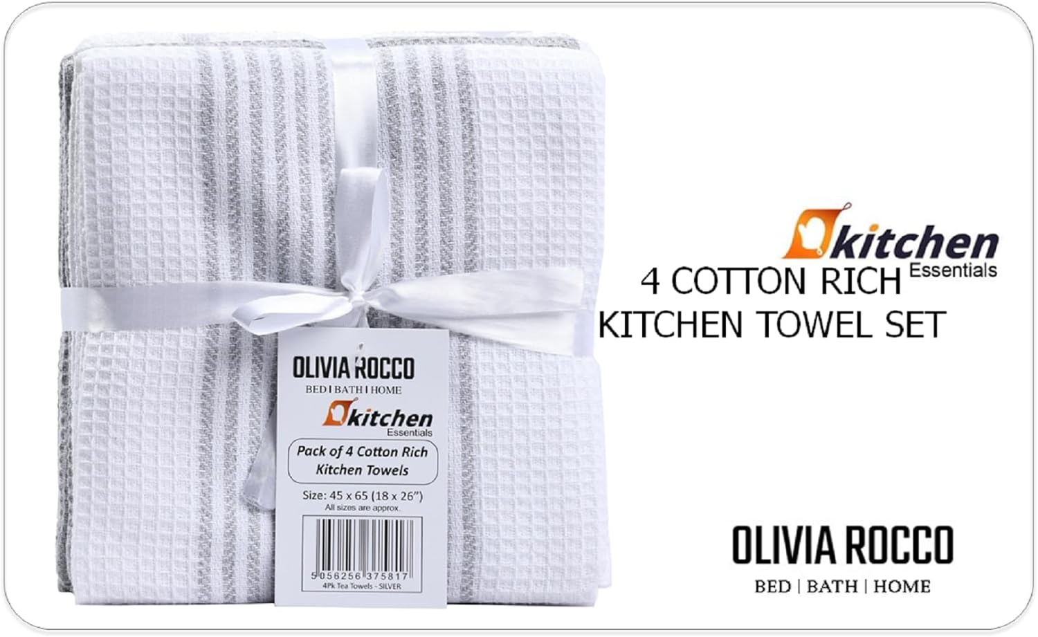 OLIVIA ROCCO Pack Of 4 Green Cotton Tea Towels 65x45 Cm High Absorbency Durable Super Soft Easy-Care Home Essential