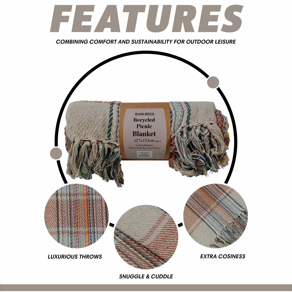 OLIVIA ROCCO Eco Friendly Recycled Cotton Picnic Blanket 130 x 150 cm Check Stripe Design