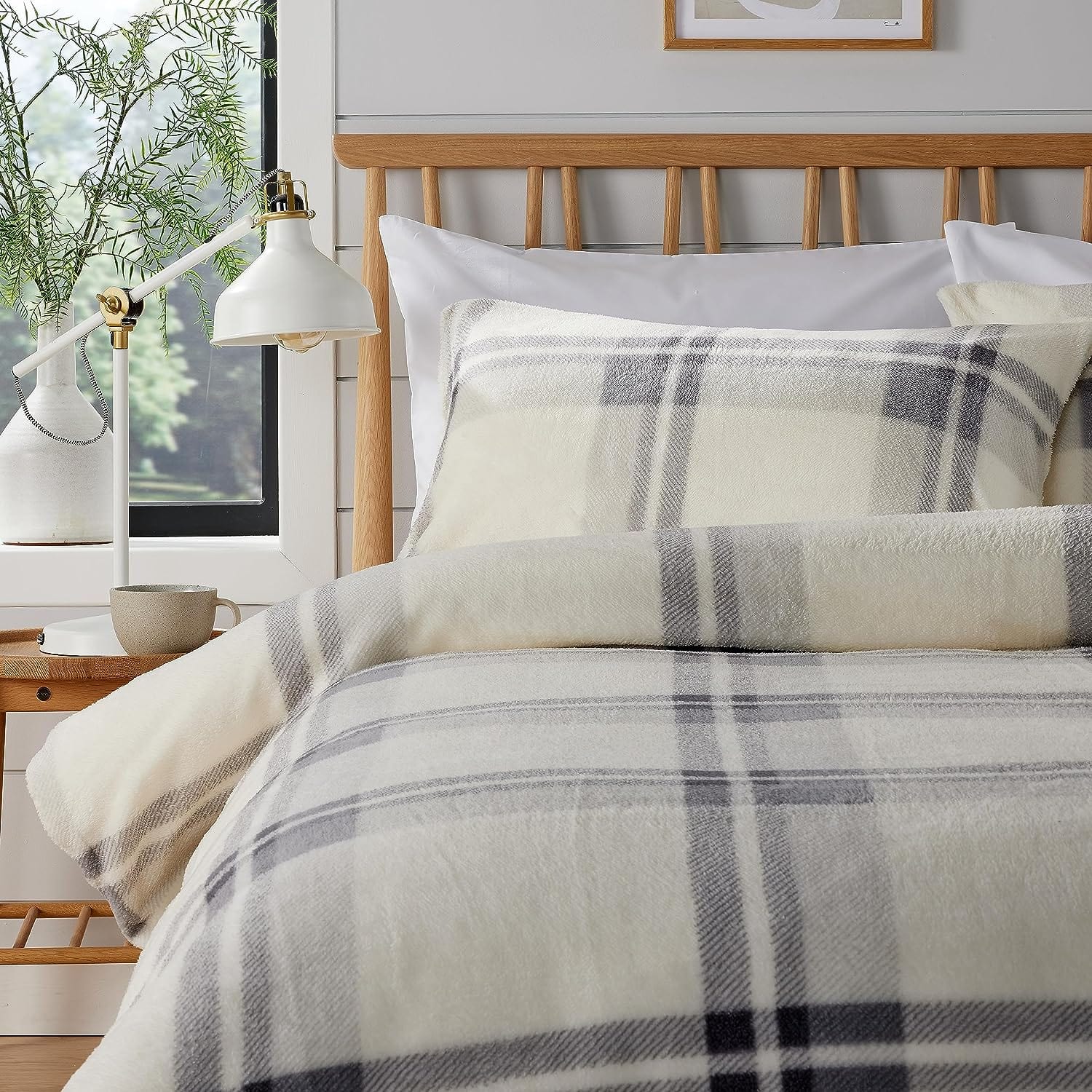 Orkney Check Fleece Duvet Set Grey Green Super Soft Luxurious Bedding Single Double King with Pillowcases Perfect for Winter Nights by OLIVIA ROCCO