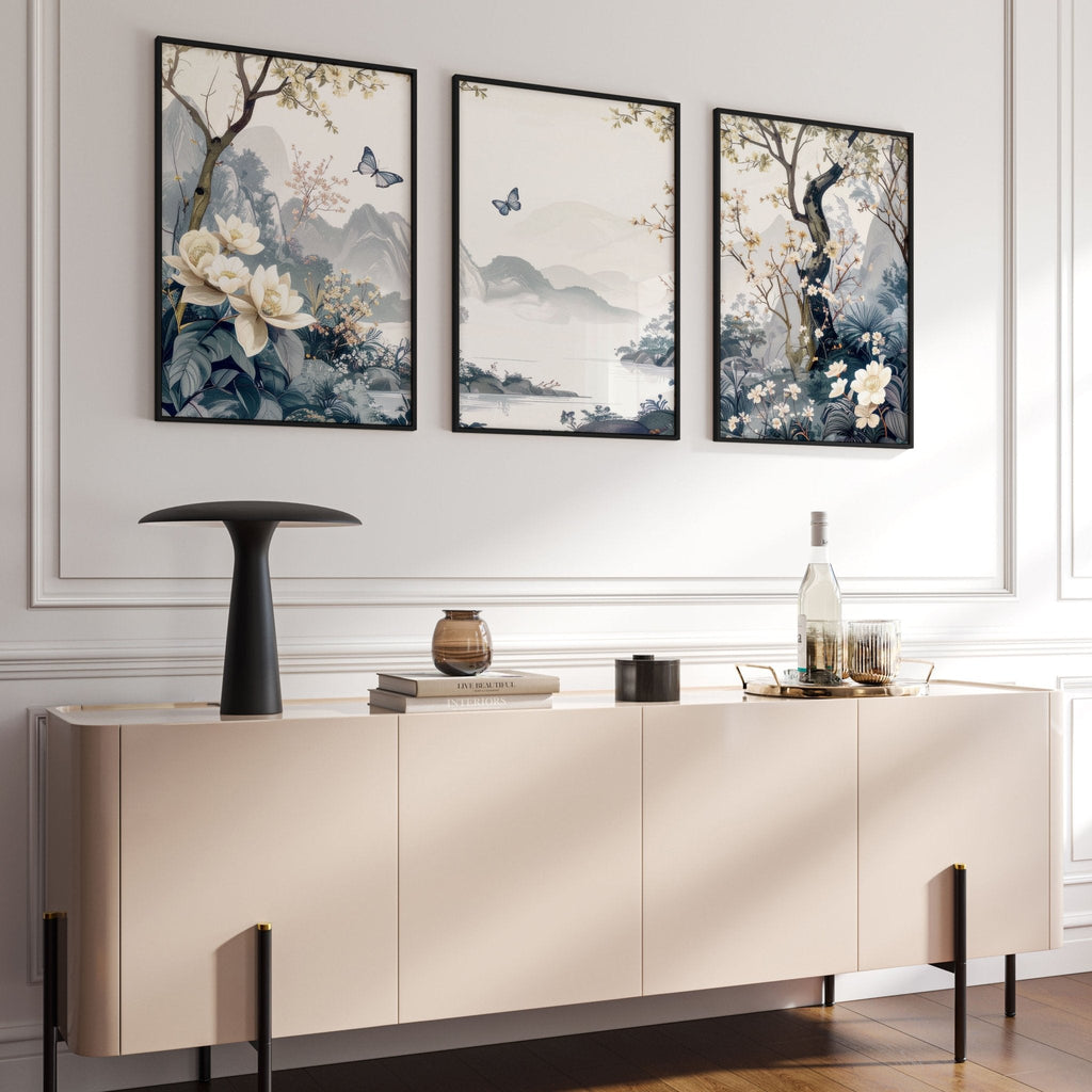 Paintings For Living Room | Set of 3 Chinoiserie Wall art Prints