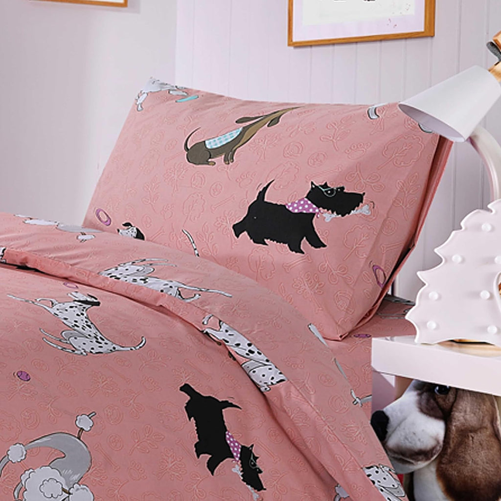 OLIVIA ROCCO Pink Dog Print Duvet Cover Set With Matching Curtains Cotton Blend Bedding For Kids And Adults Machine Washable