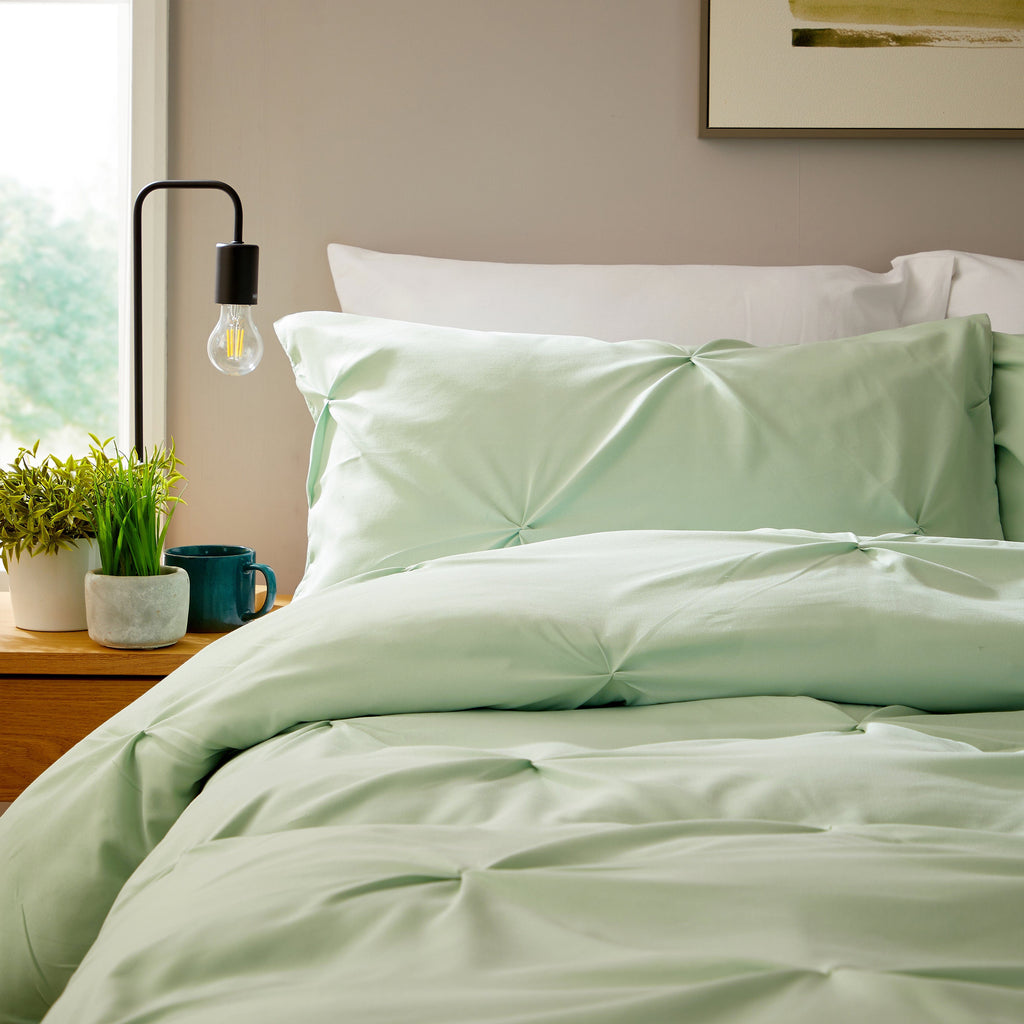 OLIVIA ROCCO Pintuck Sage Green Microfibre Duvet Cover Set With Pillowcases Easy Care Breathable Machine Washable Bedding