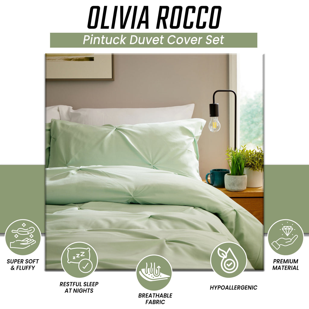 OLIVIA ROCCO Pintuck Sage Green Microfibre Duvet Cover Set With Pillowcases Easy Care Breathable Machine Washable Bedding
