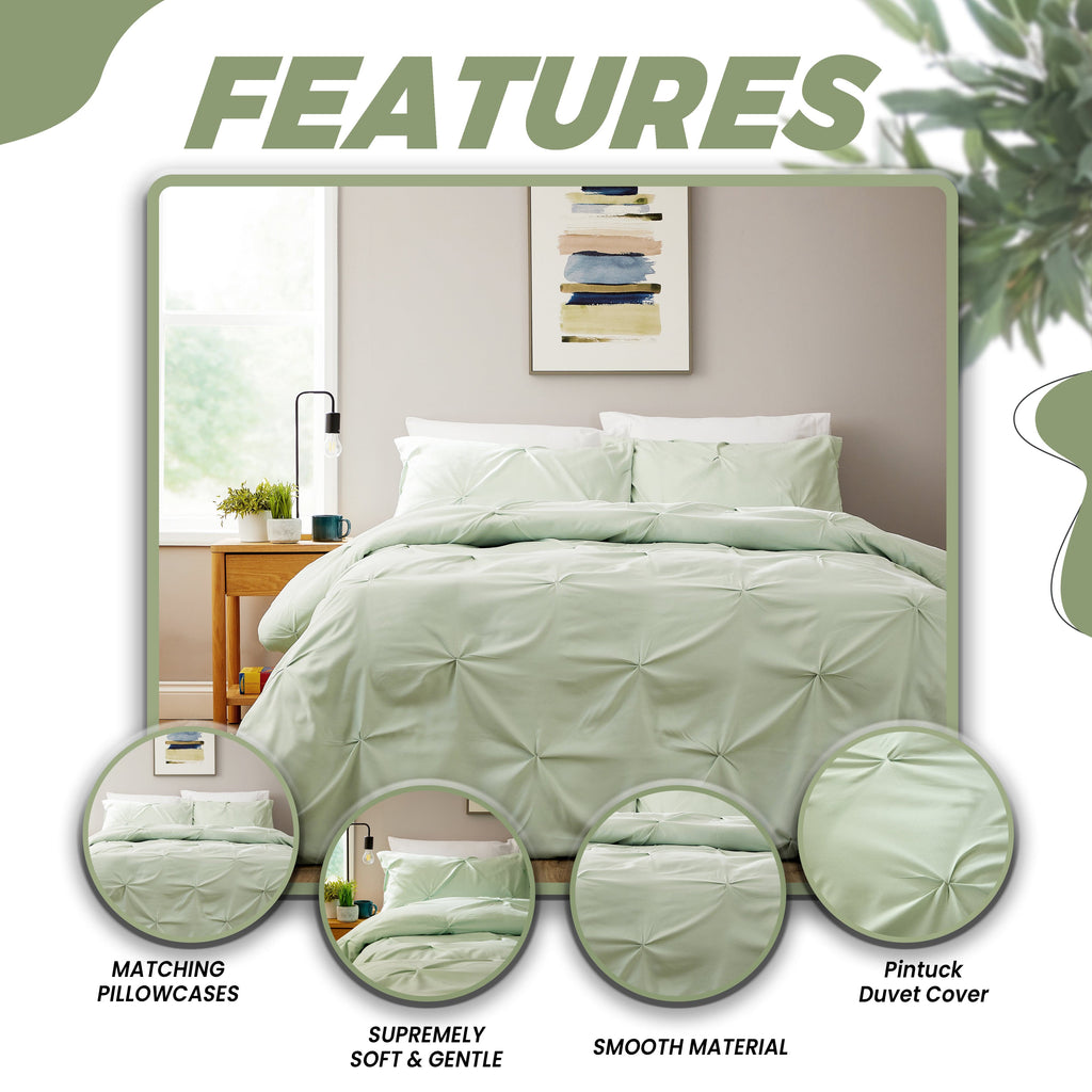OLIVIA ROCCO Pintuck Sage Green Microfibre Duvet Cover Set With Pillowcases Easy Care Breathable Machine Washable Bedding