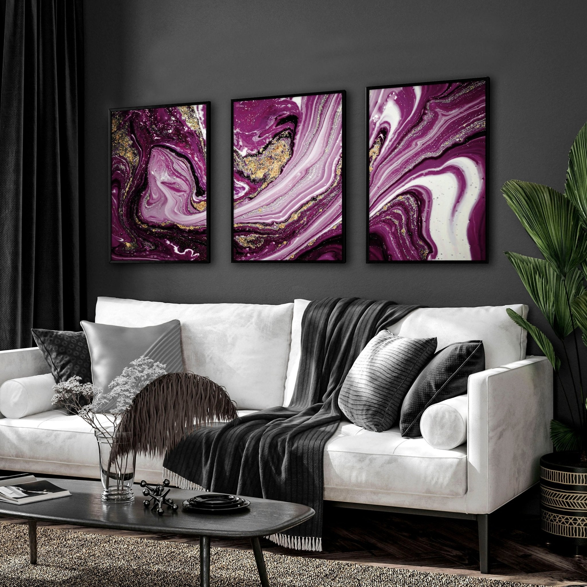Abstract wall art framed | set of 3 Purple wall art prints