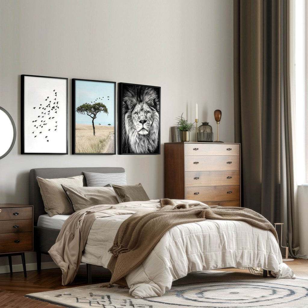 Safari Accessories For Bedroom | Set of 3 African Wildlife Wall art Prints