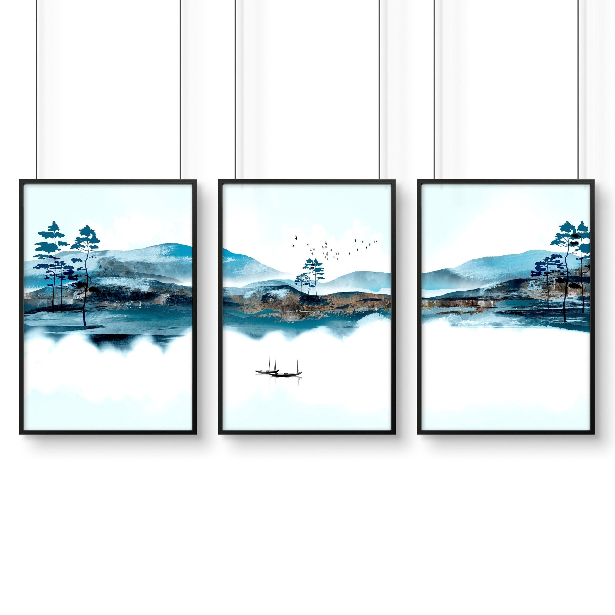 3 Wall Art Set – Teal Japanese Landscape Prints