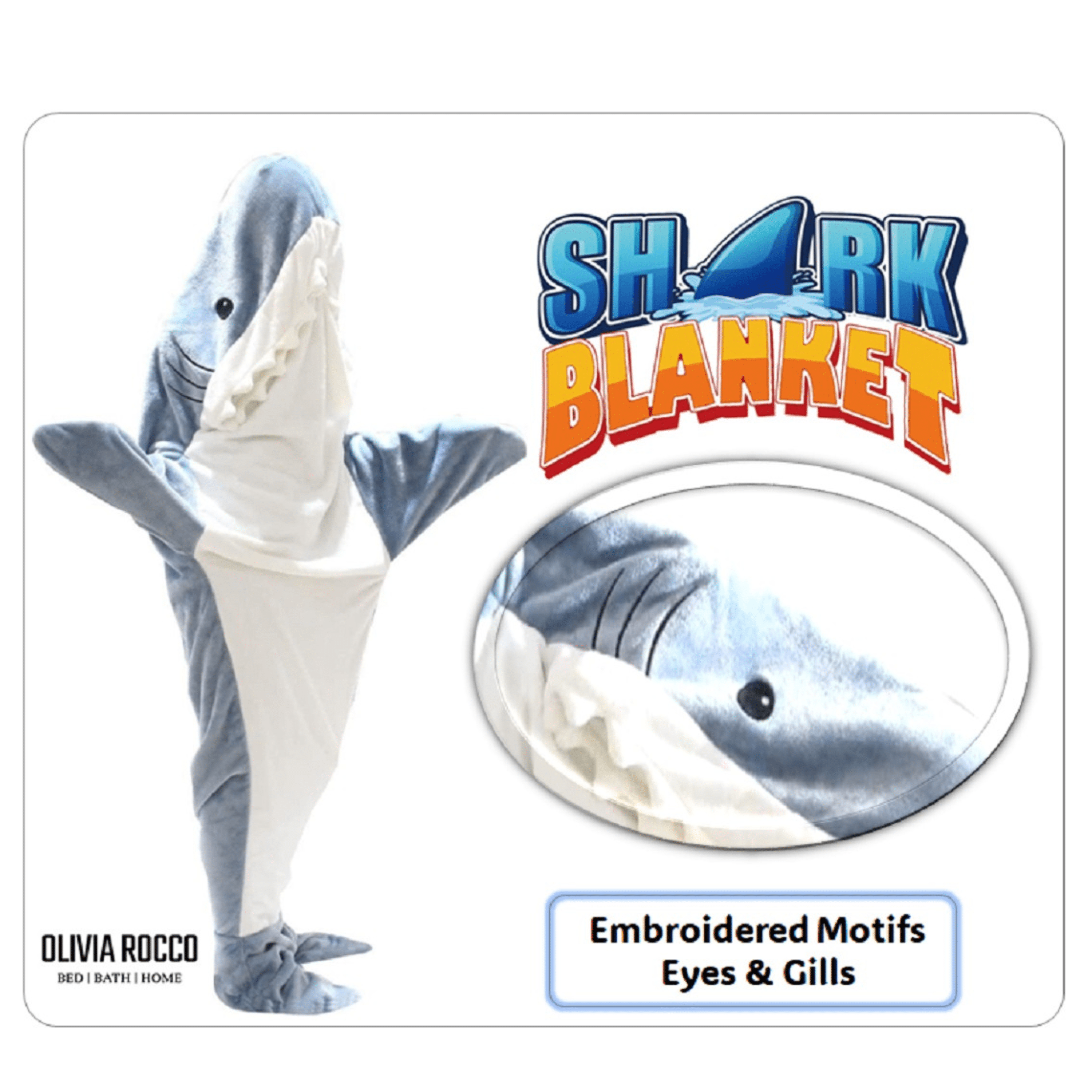 OLIVIA ROCCO Wearable Shark Blanket Sleeping Bag For Adults, Super Soft Flannel Onesie With Hood, Cosplay Lounge Camping Sleepovers