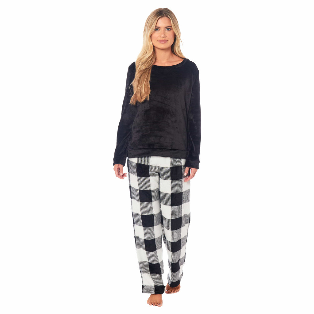OLIVIA ROCCO Womens Buffalo Check Fleece Ultra Soft Pajama Set Long Sleeve Top And Bottoms Cozy Winter Lounge Wear Various Sizes