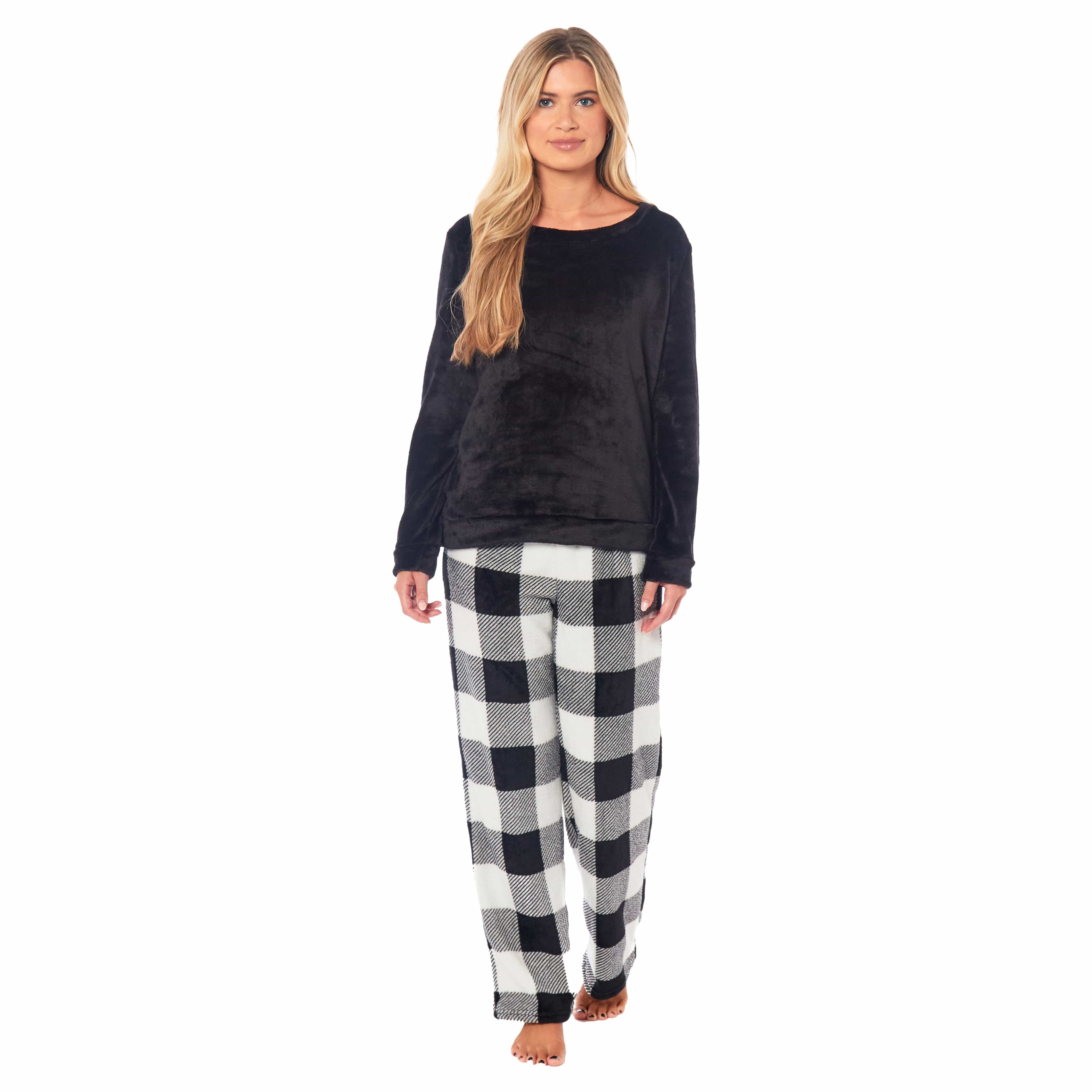 OLIVIA ROCCO Womens Buffalo Check Fleece Ultra Soft Pajama Set Long Sleeve Top And Bottoms Cozy Winter Lounge Wear Various Sizes