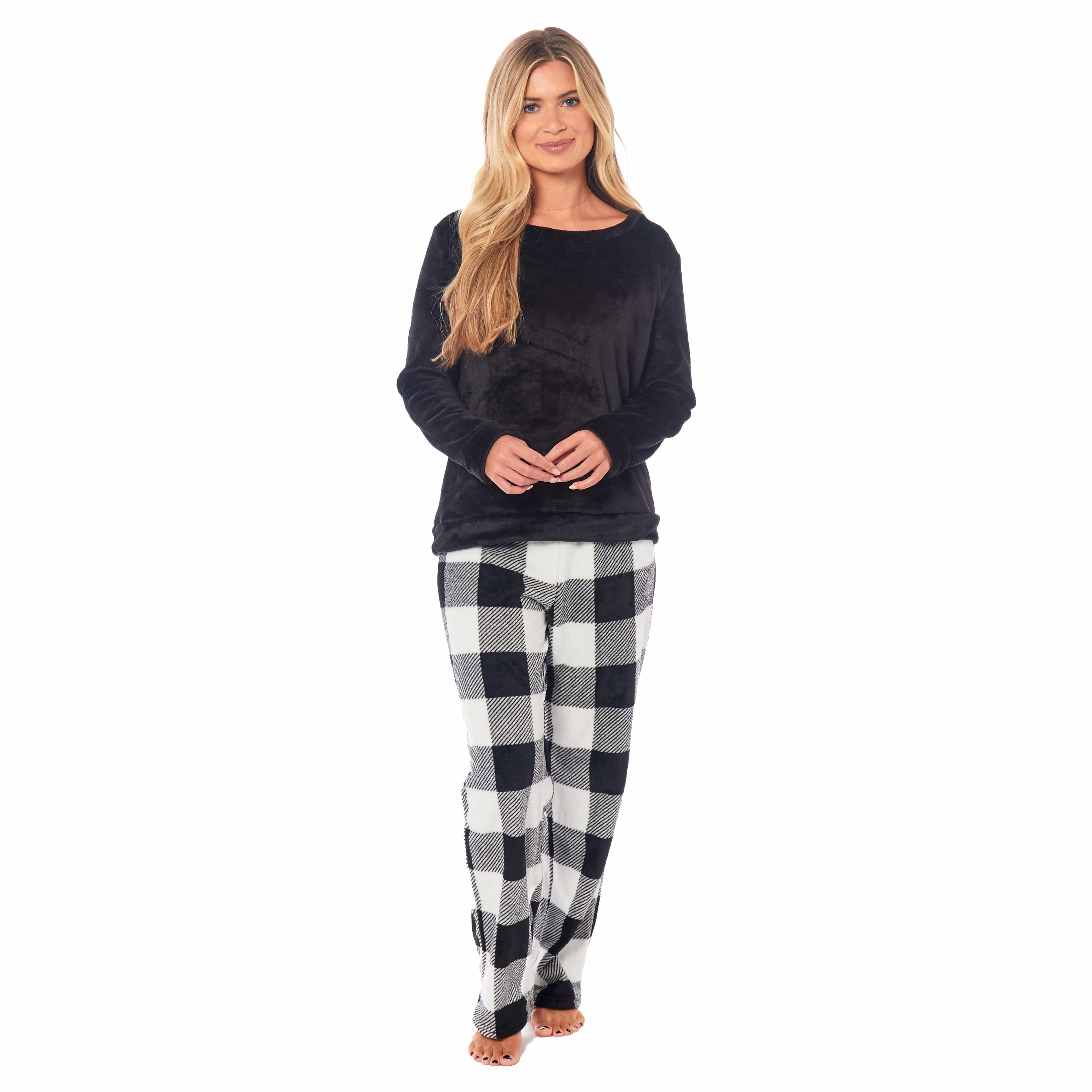 OLIVIA ROCCO Womens Buffalo Check Fleece Ultra Soft Pajama Set Long Sleeve Top And Bottoms Cozy Winter Lounge Wear Various Sizes