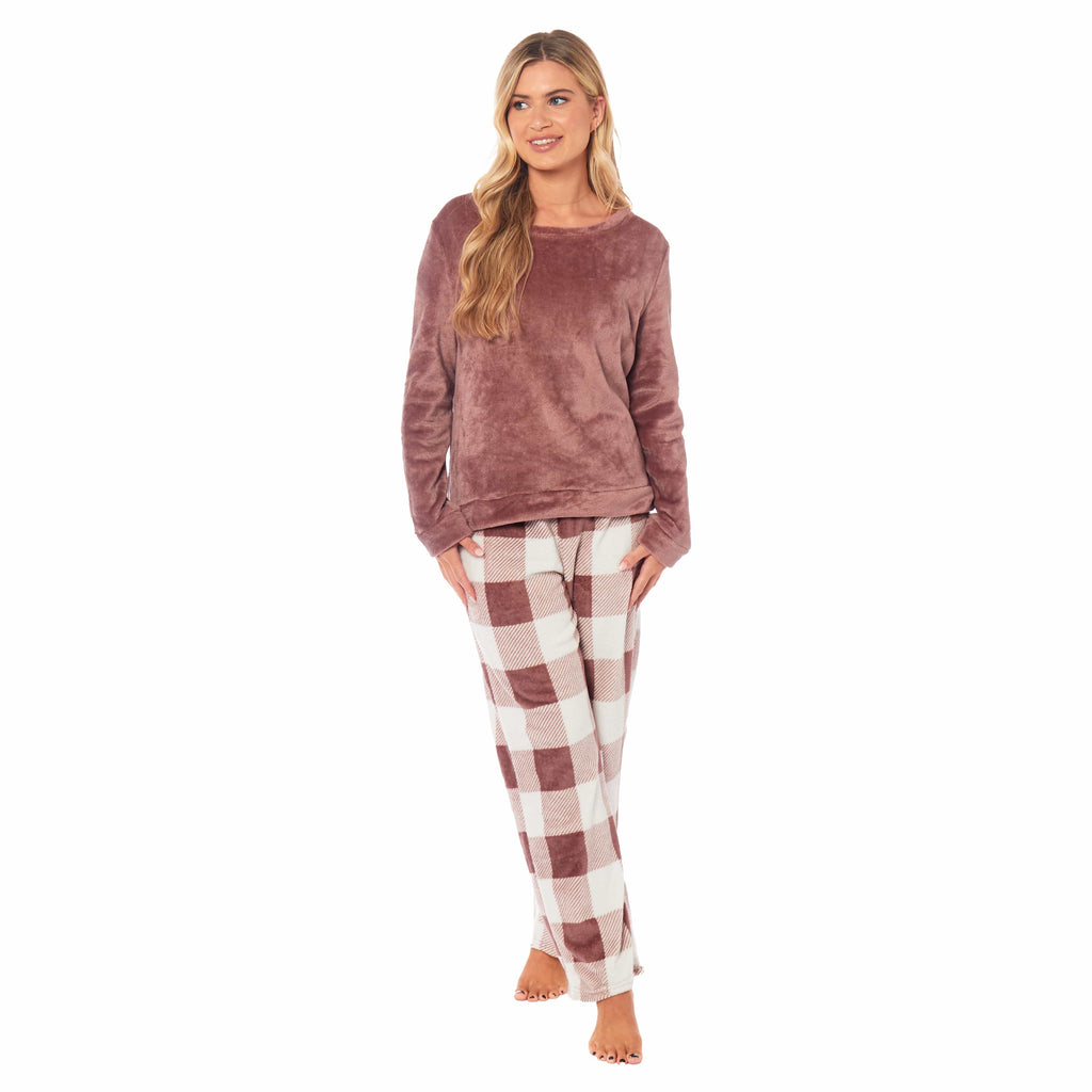 OLIVIA ROCCO Womens Buffalo Check Fleece Ultra Soft Pajama Set Long Sleeve Top And Bottoms Cozy Winter Lounge Wear Various Sizes
