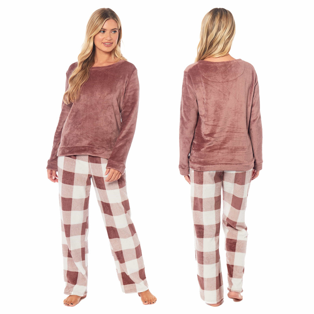 OLIVIA ROCCO Womens Buffalo Check Fleece Ultra Soft Pajama Set Long Sleeve Top And Bottoms Cozy Winter Lounge Wear Various Sizes
