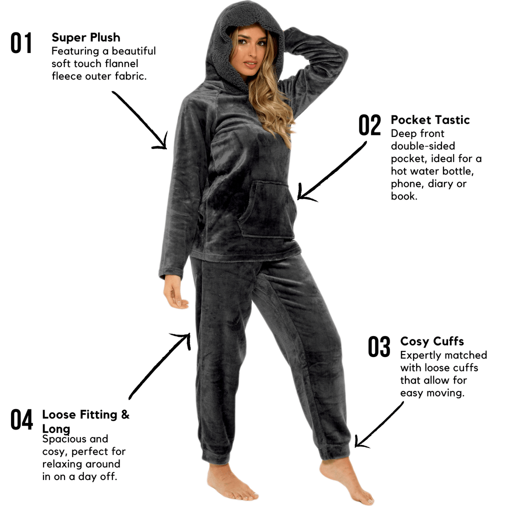OLIVIA ROCCO Women's Charcoal Plush Fleece Hooded Pyjama Set With Sherpa Lining For Warmth And Cozy Nightwear Sizes S To XL