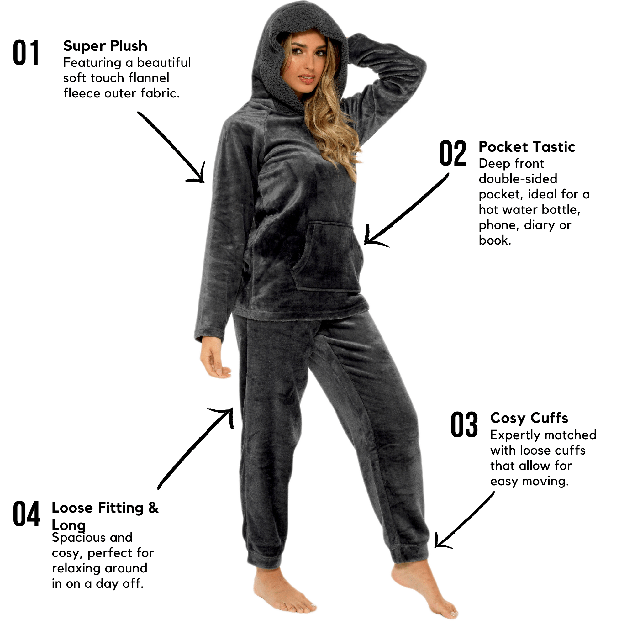OLIVIA ROCCO Women's Charcoal Plush Fleece Hooded Pyjama Set With Sherpa Lining For Warmth And Cozy Nightwear Sizes S To XL