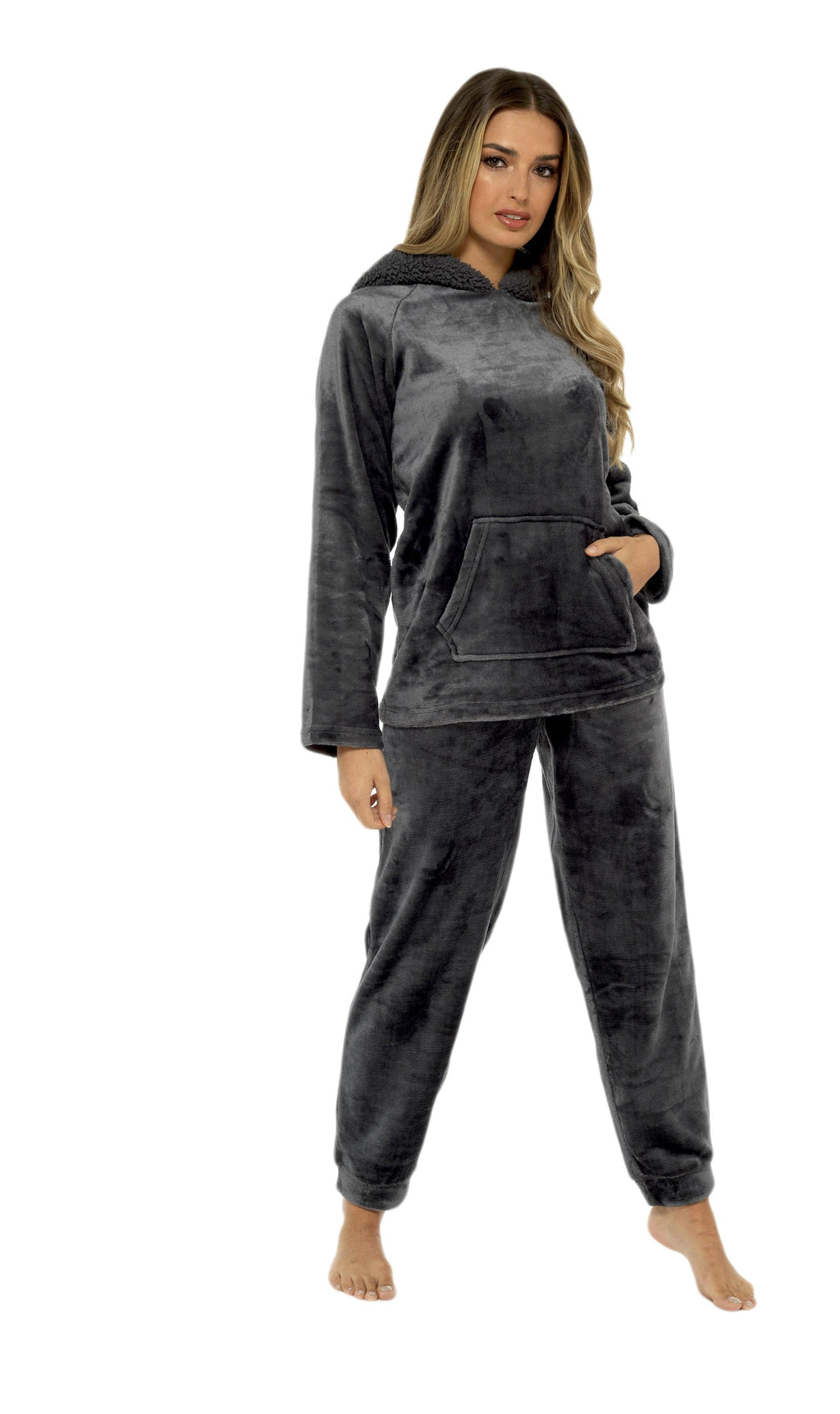 OLIVIA ROCCO Women's Charcoal Plush Fleece Hooded Pyjama Set With Sherpa Lining For Warmth And Cozy Nightwear Sizes S To XL