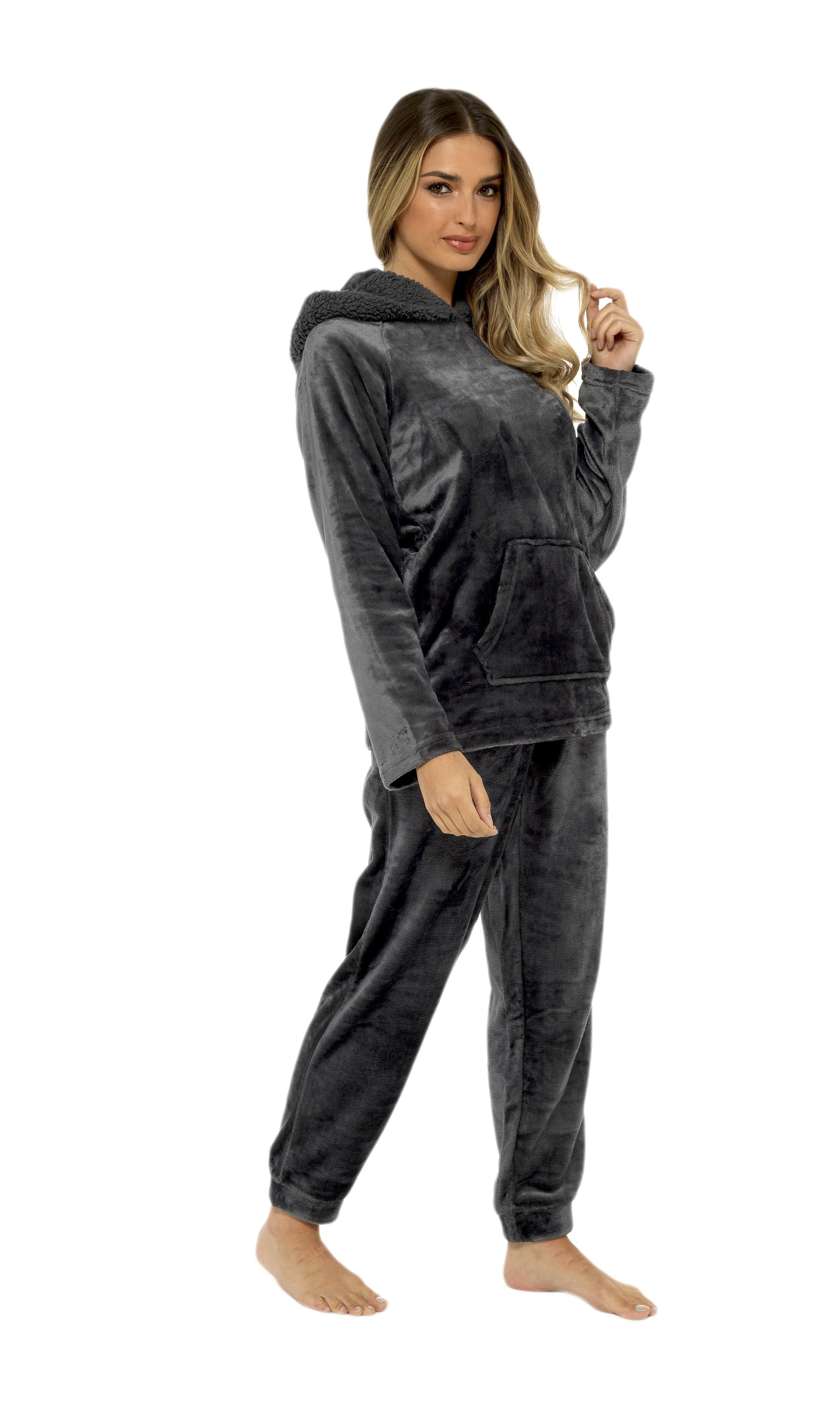 OLIVIA ROCCO Women's Charcoal Plush Fleece Hooded Pyjama Set With Sherpa Lining For Warmth And Cozy Nightwear Sizes S To XL