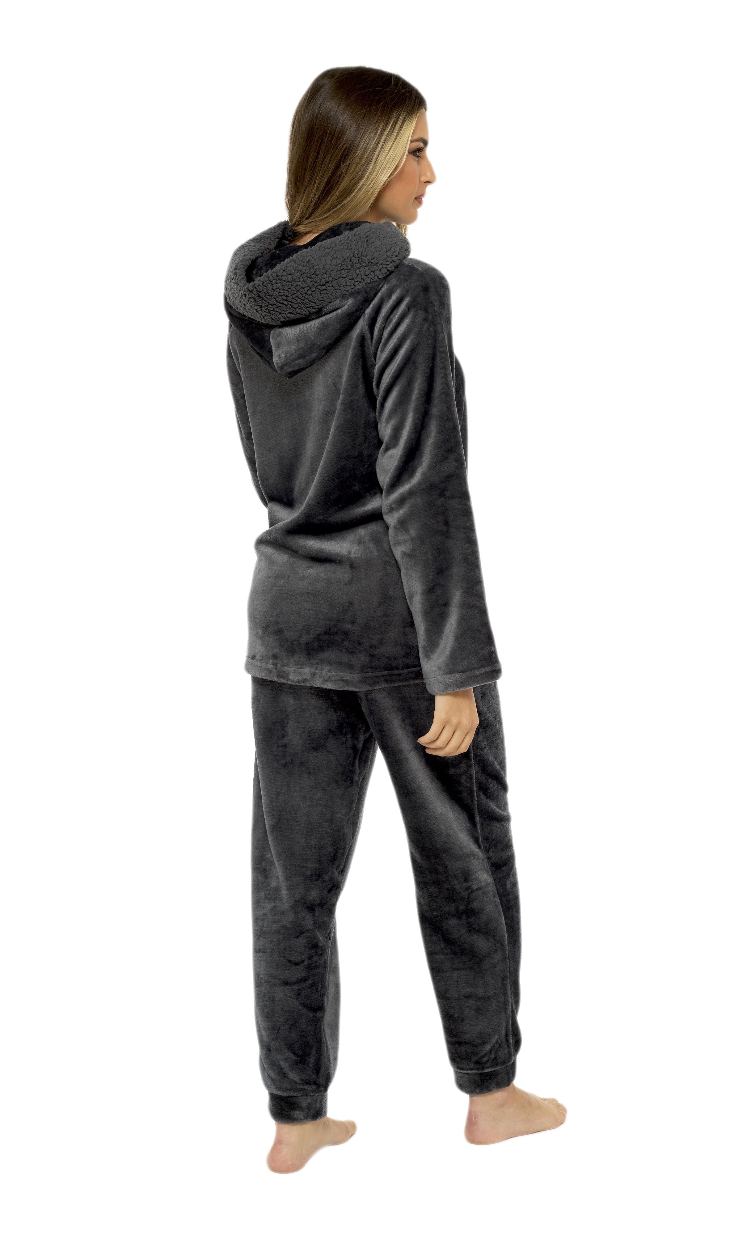 OLIVIA ROCCO Women's Charcoal Plush Fleece Hooded Pyjama Set With Sherpa Lining For Warmth And Cozy Nightwear Sizes S To XL
