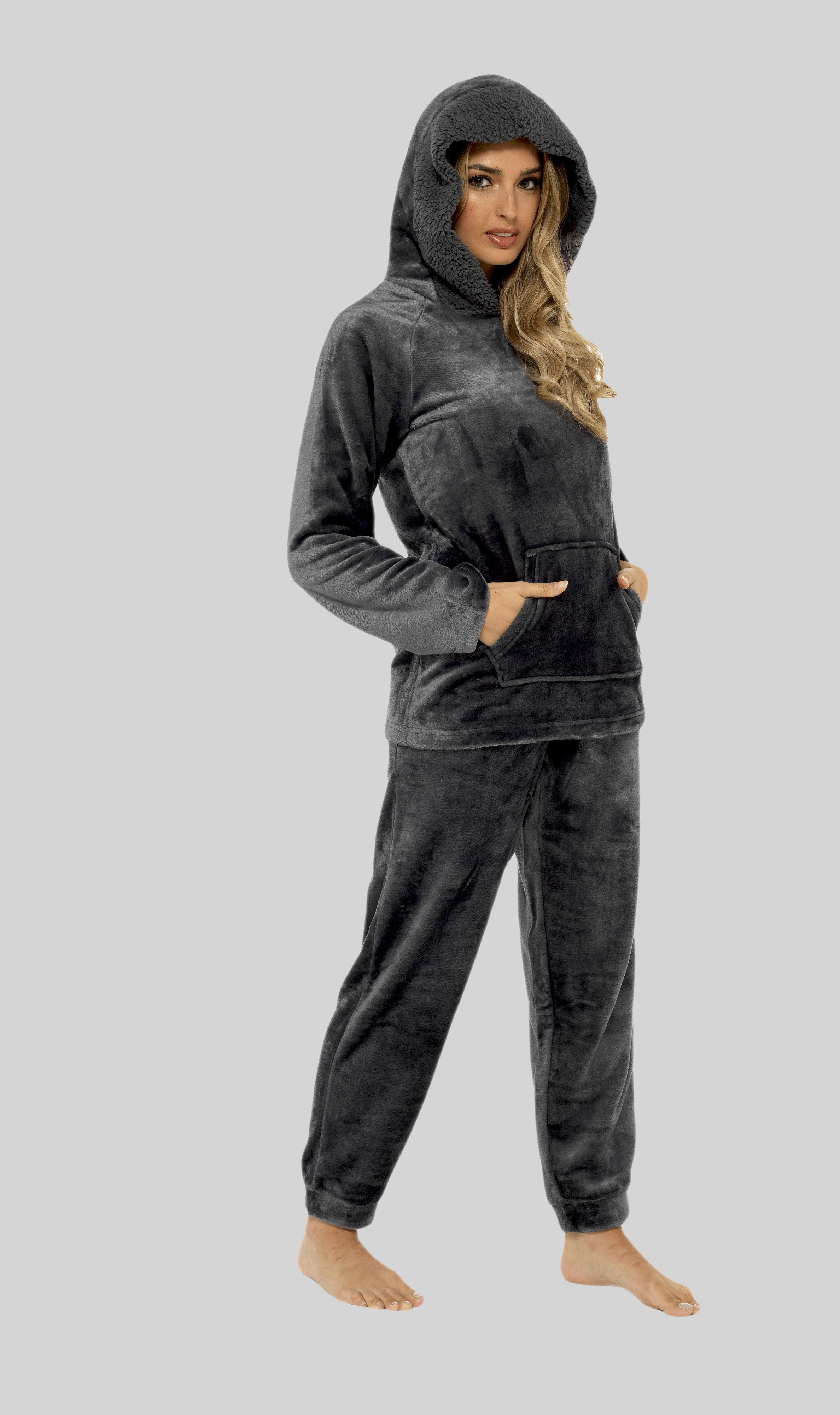 OLIVIA ROCCO Women's Charcoal Plush Fleece Hooded Pyjama Set With Sherpa Lining For Warmth And Cozy Nightwear Sizes S To XL